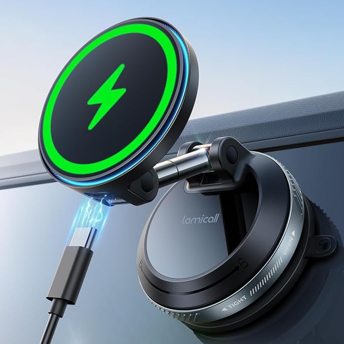 Lamicall 15W for MagSafe Car Mount Charger - Dual USB-C Ports, Magnetic Phone Holder for Car, Magnetic Wireless Car Charger, Vacuum Suction Cup Phone Mount for iPhone 17 Pro Max 16 15 Truck Jeep Black