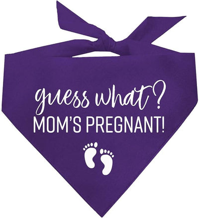 Guess What? Mom's Pregnant Dog Bandana | 100% Cotton Adjustable Triangle | Made in USA | New Baby | Pregnancy Announcement Photoshoot Prop | Gender Reveal | Purple X-Small (216)