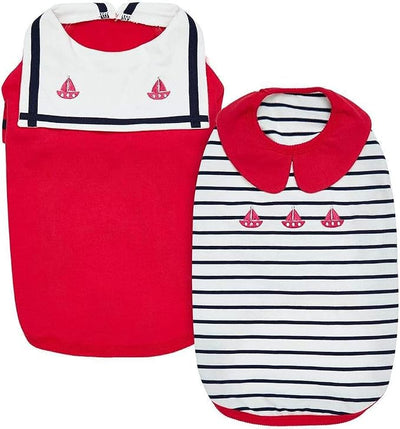 Blueberry Pet Soft & Comfy Summer Vacation Beach Cotton Dog T-Shirts, Cerise Red, 2 Pack, Sailor Suit Shirts Tank Top Clothes, Back Length 16", for Medium Large Dogs