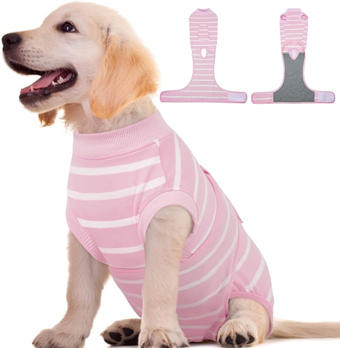 Dog Surgery Recovery Suit, Soft Breathable Dog Recovery Suit for Female Spay Male Nueuter, Anti Licking Puppy Onesie Pet Surgical Suit for Dogs Abdominal Wounds Skin Disease, Pink Strips XS