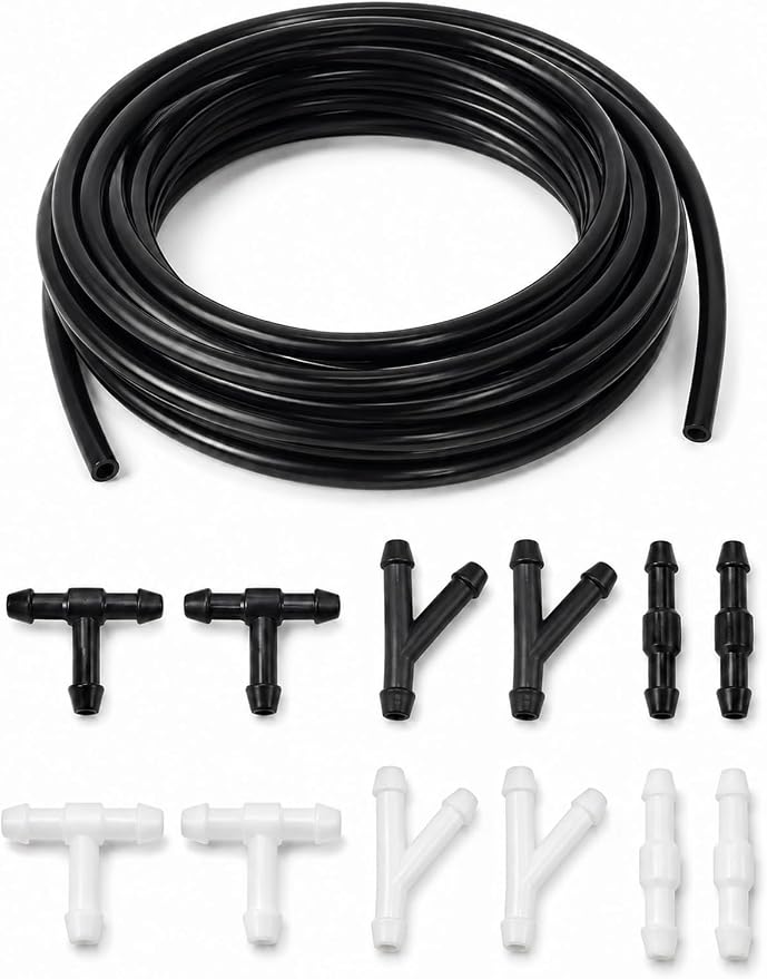 Windshield washer hose kit, 3 Meters (9.84ft) Flexible Washer Fluid Tubing with 12 Pcs Connectors (Black & White), windshield wiper hose repair kit for Cars, SUVs, Trucks