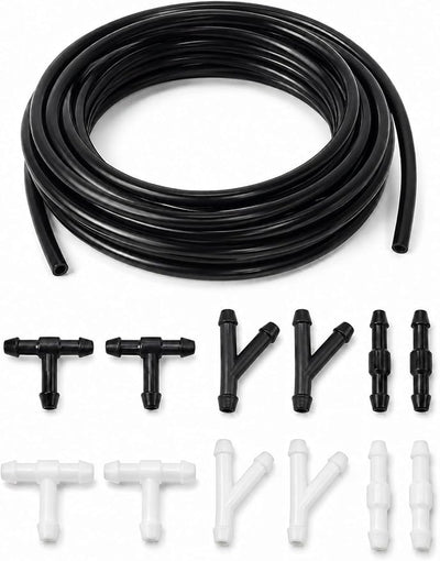 Windshield washer hose kit, 3 Meters (9.84ft) Flexible Washer Fluid Tubing with 12 Pcs Connectors (Black & White), windshield wiper hose repair kit for Cars, SUVs, Trucks