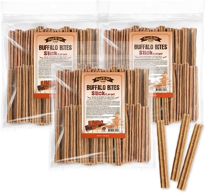 Natural Buffalo Dog Treats, Stick (Large), 1.5 lb, Pack of 3 | Low-fat chews for training rewards, limited ingredient, for medium dogs