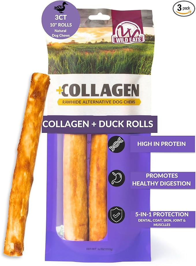 Wild Eats Collagen Chews - Stick Dog Treat for Medium & Large Dogs (10" 3ct, Real Duck) - Long Lasting, Rawhide Free, Low Fat, Grain Free Retriever Rolls