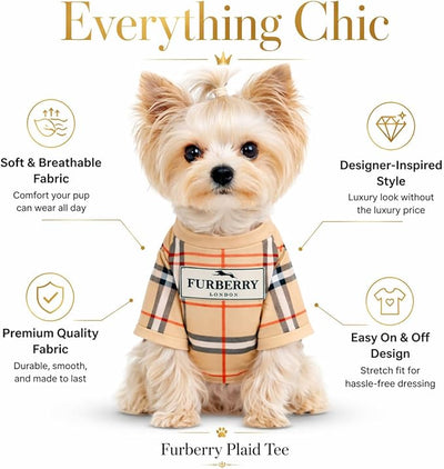 Luxury Designer Dog T Shirt – Trendy Puppy Clothes for Small Dogs, Fashion Pet Tee for French Bulldogs & Chihuahuas, Everything Chic Dog Apparel (FurberryTee, Medium)