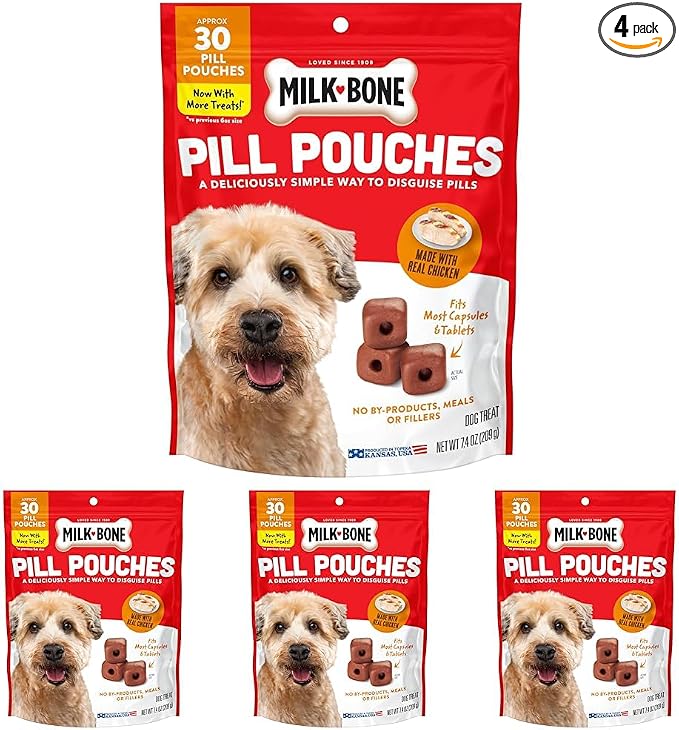 Milk-Bone Pill Pouches Dog Treats with Real Chicken, 30 Count Bags (Pack of 4)