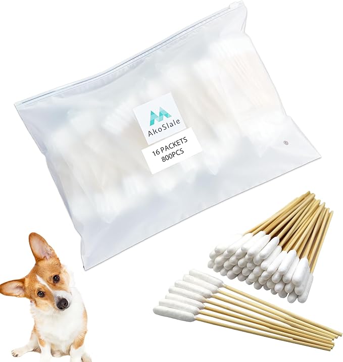 Dog Ear Cleaning Swabs 800 Count – 4.72 Inch Long Cotton Tipped Applicators for Small Medium Dogs & Cats, Bamboo Lint-Free Ear Wax Removal & Grooming Kit, 16 Resealable Packs