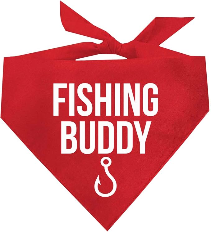Fishing Buddy Dog Bandana | 100% Cotton Adjustable Triangle | Made in USA | Boat & Fishing | Captain | Beach & Lake | Summer | Outdoors |Father's Day | Red, One Size (99)