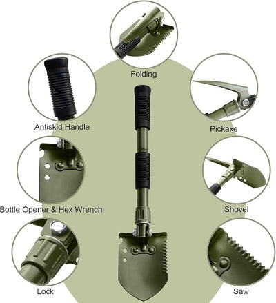 Folding Camping Shovel, Carbon Steel Multi-Tool Survival Shovel for Outdoor, Emergency, Hiking, Car Off-Road (Black)