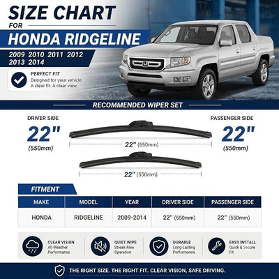 AERO Wipers OEM Replacement for Honda Ridgeline 2009-2014, 22"+22" Front, All-Season Windshield Wiper Blades with Extra Squeegee Refills + 1-Year Warranty (Set of 2)