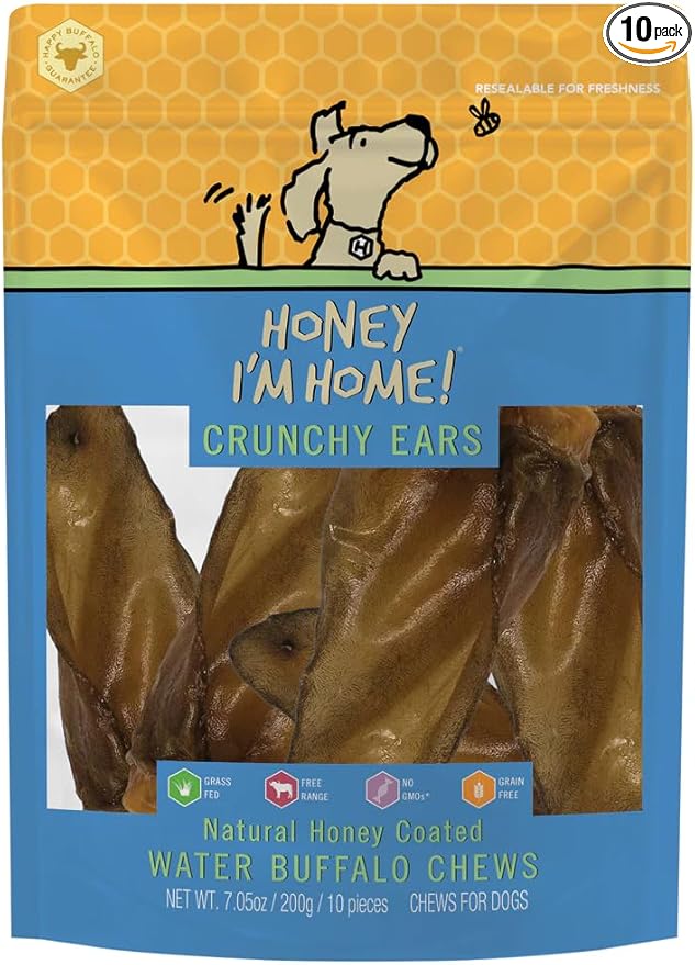 Honey I'm Home Buffalo Crunchy Ears Dog Chews, 10-Pack – All-Natural, Free-Range, Grain-Free, Honey Coated, Healthy & Crispy Treats