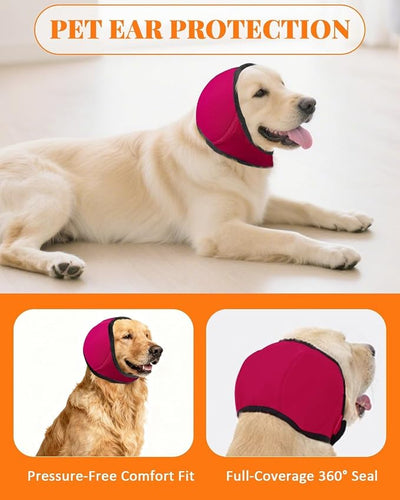 Dog Ears Cover, Dog Ear Muffs Noise Protection, Adjustable No Shake Ear Wrap Comfortable Quiet Dogs Calming Hood Blow Drying Headband Wraps (Fuchsia, Large(Head Circle:18"-24"))
