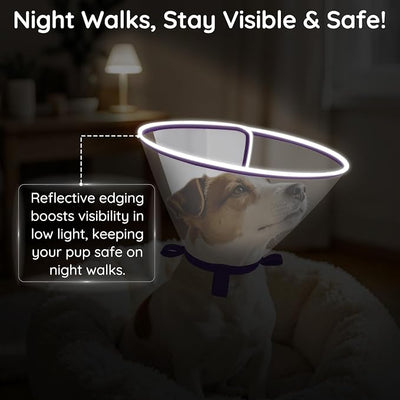 Clear Dog Cone for Medium Dogs After Surgery, Adjustable E-Collar to Stop Licking with Padded Neck for Corgi, Shiba Inu, Soft Recovery Collar with Reflective Trim for Night Visibility, Purple