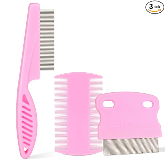 Flea Comb for Dogs and Cats - Lice Comb with Rubber Handle - Promotes Hair Growth and Removes Loose Hair, Knots, and Flakes Flea Brush for Pets(3P,PINK)