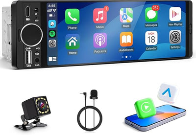 Single Din Radio for Car - Supports Apple Carplay & Android Auto，6.28 inch Single Din Touchscreen Radio with Bluetooth，Backup Camera，Enhanced Mic，USB ，SWC ，RCA，EQ，FM (Black)