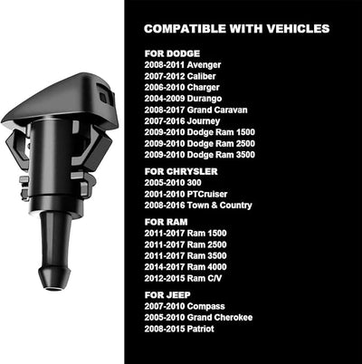 AUCELI Car Windshield Washer Nozzles, 2PCS OEM#4805742AB Vehicle Front Windscreen Fluid Jet Kit, Automotive Wind Screen Wiper Spray Head Replacement Compatible with Charger Journey Compass (Black)