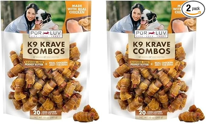 K9 Kraves Rawhide Free Bone Dog Treats, Made with Peanut Butter and Chicken Flavor, Easily Digestible, Long Lasting, and High Protein Dog Treat, 20 Count (Pack of 2)