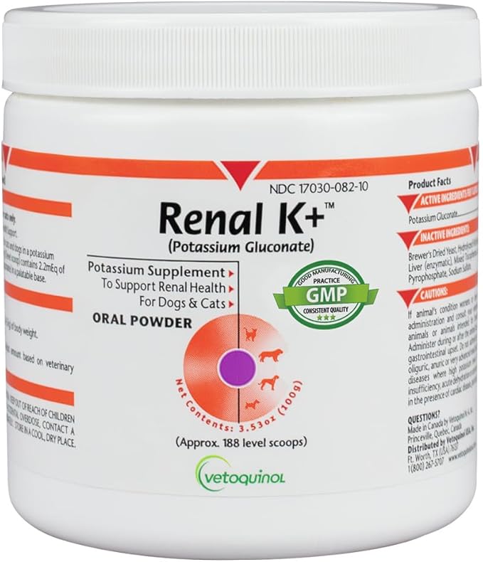 Vetoquinol Renal K - Potassium Supplement Powder for Dogs & Cats - Supports Kidney Health & Pet Wellness - Unflavored Oral Supplement - 3.5oz