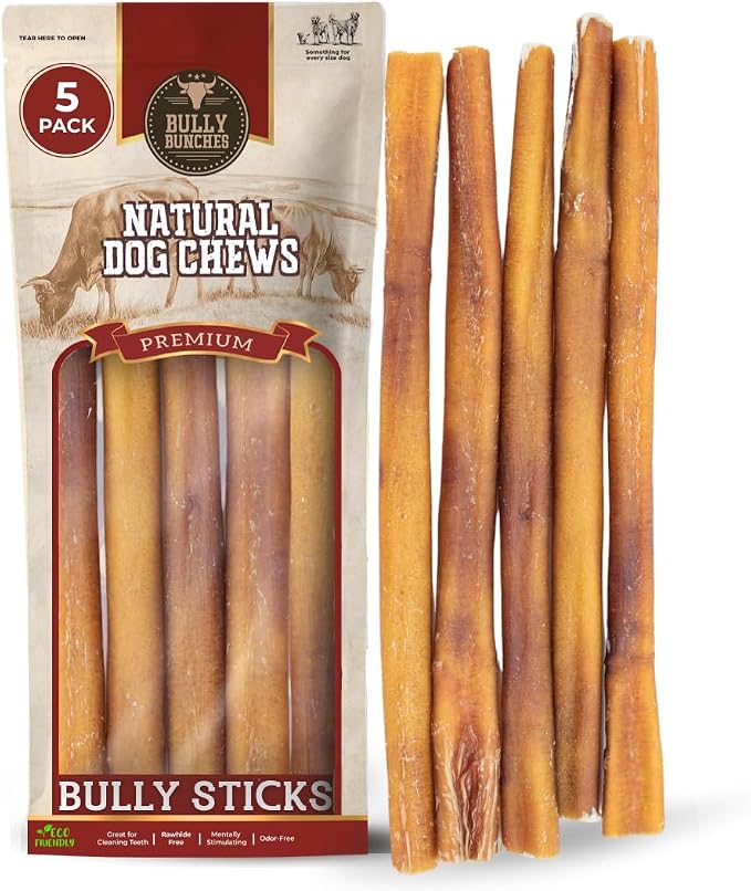 Premium (12" Standard - 5 Pack) Odor Free Bully Sticks for Small & Medium Dogs - Consistently Sized, Long Lasting Chews for Oral Care - All Natural Beef Dog Treats