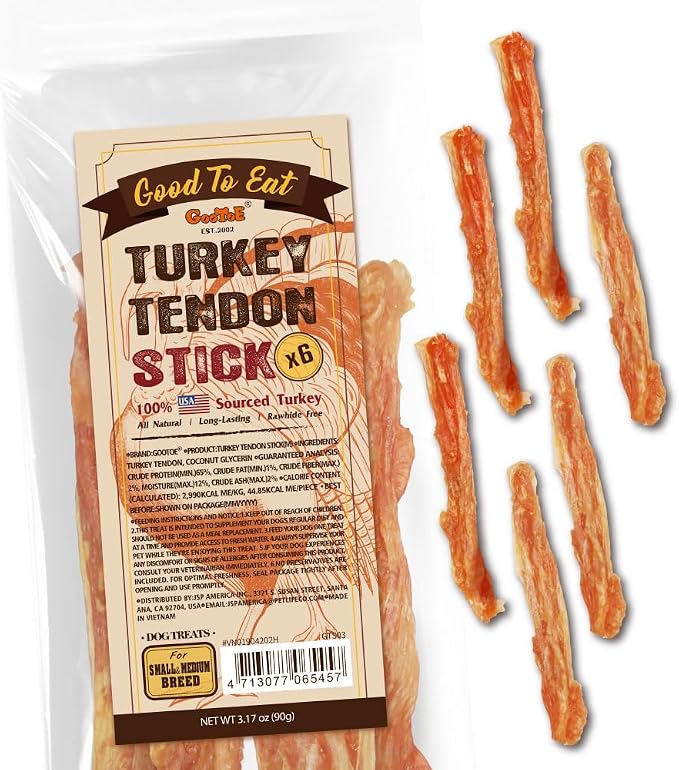 Turkey Tendons for Dogs –All-Natural, Hypoallergenic Dog Treats, Rawhide Alternative, Long Lasting Puppy Chews, Healthy Dog Treats for Medium Breeds, Stick (M), 6 Count Pack