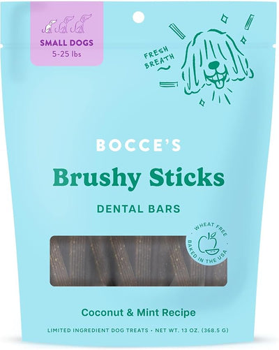 Bocce's Bakery Dailies Brushy Sticks to Support Oral Health & Fresh Breath, Wheat-Free Dental Bars for Dogs, Made with Real Ingredients, Baked in the USA, Natural Coconut & Mint Recipe, Small Dogs
