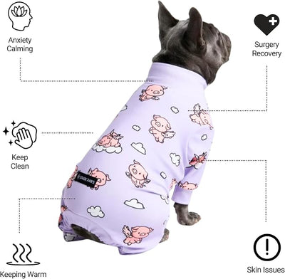 Spark Paws Dog Pajama, Dog Recovery Suit Male, Onesie, Ultra-Soft and 4-Way Stretch, for Small Medium and Large Breeds - When Pigs Fly - Purple - 2XL