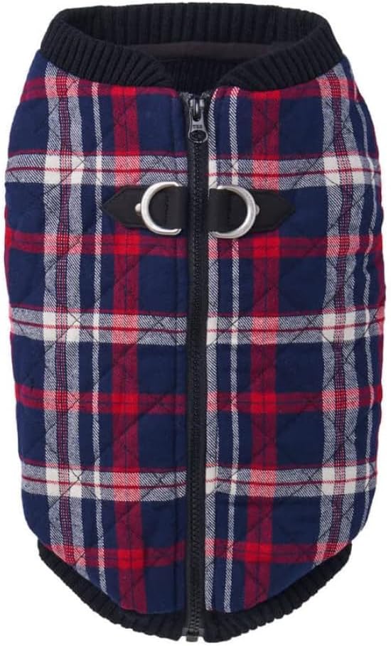 Fashion Vest Check Dog Jacket - White Check, Small - Warm Zip Up Bomber Vest with Dual D Ring Leash - Winter Water Resistant Small Dog Sweater