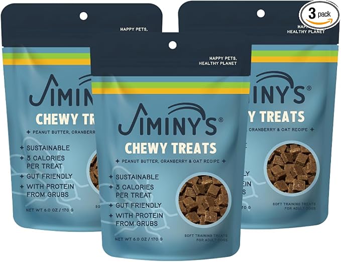 Jiminy's Chewy Training Treats for Dogs, Low Calorie, Hypoallergenic Insect Protein, Made in USA, 6oz, Peanut Butter & Cranberry (Pack of 3)