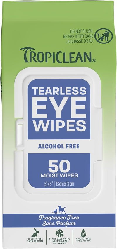 TropiClean Tearless Dog Eye Wipes, Dermatologist Approved Tear Stain Remover for Dogs & Cats, Gentle & Safe for Daily Use, Made in USA, 50ct.