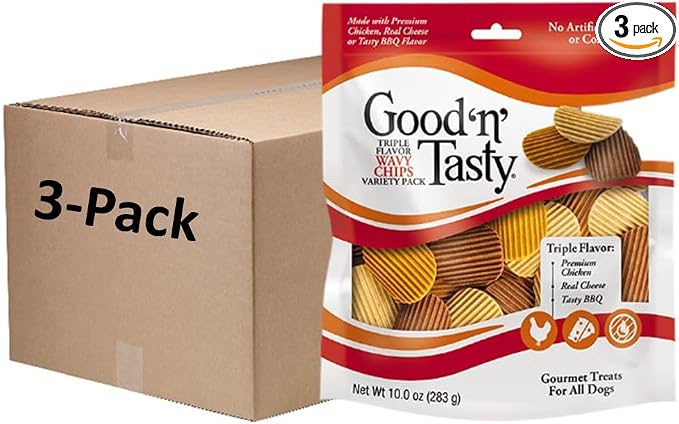 Good 'n' Tasty Triple Flavor Wavy Chips Variety Pack, 10 oz (Pack of 3), Treats for Dogs