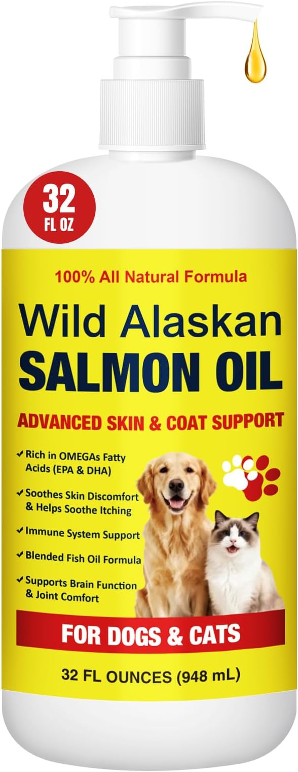 Wild Alaskan Salmon Oil for Dogs & Cats - 32oz Omega 3 Fish Oil with EPA DHA Fatty Acids, Skin & Coat Support, Itchy Relief, Immune & Joint Support, Liquid Food Topper for Heart & Brain Health