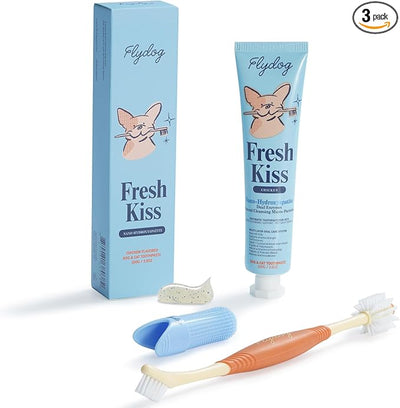 Flydog Fresh Kiss Nano-HAp Dog Tooth Brushing Kit, Vet Approved Remineralizing Formula for Dogs & Cats - Rebuild Enamel, Remove Tartar & Plaque, 360° Toothbrush & Silicone Finger Brush (Chicken)