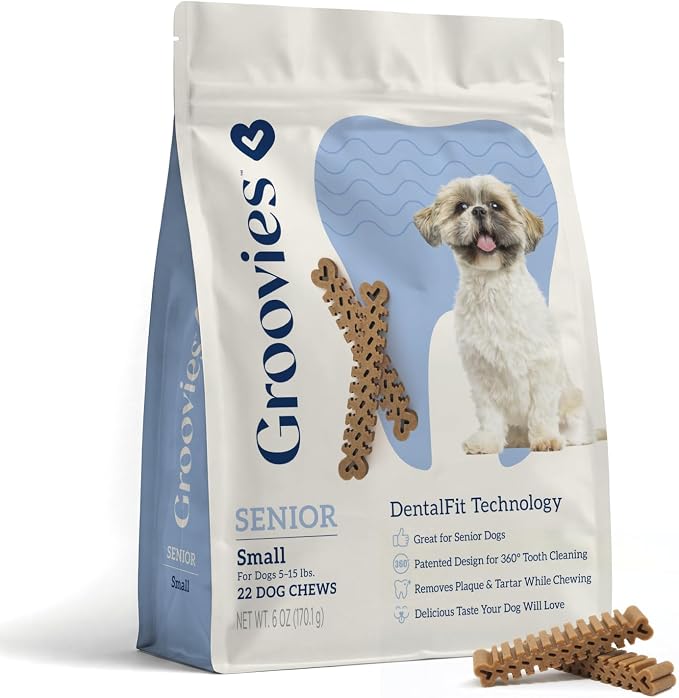 Groovies Senior & Gentle Chewers Dog Dental Treats, Flexible Texture, Patented Technology to Help Control Tartar & Freshen Breath, Small Dog Chews (5-15 lbs), USA Manufactured Oral Care, 22 Count