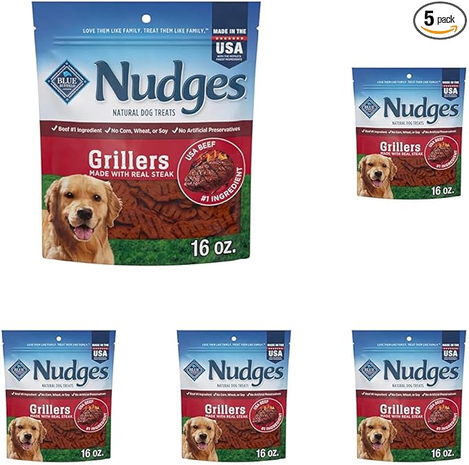 Blue Buffalo Nudges Grillers Natural Dog Treats, Made in the USA with Real Steak, 16-oz Bag, (Pack of 5)