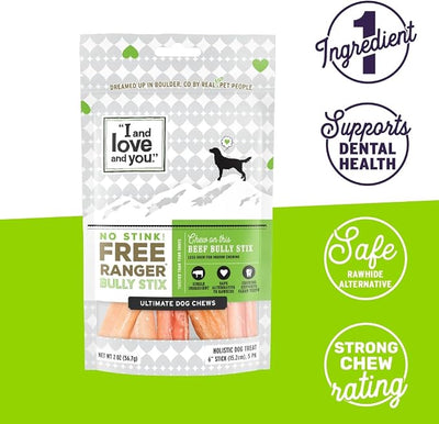I and love and you" No Stink Free Ranger Bully Stix - Beef - Rawhide Alternative, Single Ingredient, Free Range Grass Fed Beef, 6in, 5ct