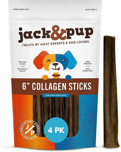 Jack&Pup 6" Collagen Sticks for Dogs - Rawhide Free Dog Chews Long Lasting Collagen Chews for Dogs - Bully Sticks Alternative (4 Pack)