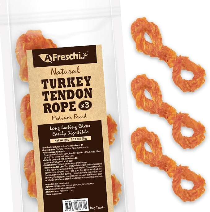 Turkey Tendons for Dogs, USA-Sourced, Healthy Dog Treats, Rawhide-Free Puppy Chews, Long Lasting, All Natural, Hypoallergenic Dog Treats for Medium Breeds, 3 Count Pack Rope (M)