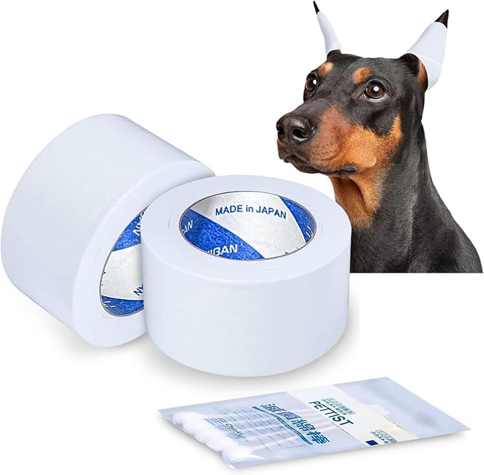 Ear Tape for Dogs 2 Pack with Dog Ear Cleaner Cotton Swabs, Self Adhesive Cotton Tape for Dog Ear Protection and Support, Ear Care Set for Dogs (Tape Width_1 inch(25mm))