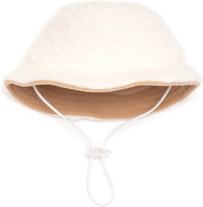 THE WORTHY DOG Faux Shearling Bucket Hat for Dogs – Stylish Pet Hat with Faux Shearling, Adjustable Chin Strap & Soft Brim for Comfort - Ivory, Small