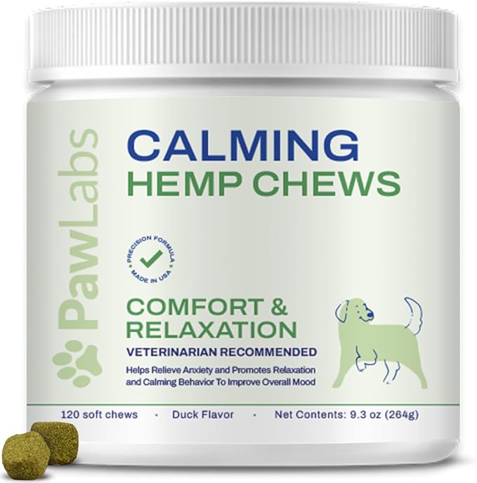PAWLABS Calming Hemp Chews for Dogs - Relieve Anxiety & Stress - Organic Hemp, Chamomile, Protein Powder, Valerian Root - Natural Calming Aid - Vet Formulated, USA Made - Duck Flavor - 120 Count