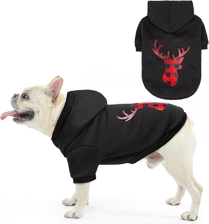 Christmas Dog Hoodie with Leash Hole, Warm & Soft Fleece Pet Sweater & Sweatshirt for Small Medium Large Dogs, Xmas Elk Print Pets Clothes Cold Weather Costume, M