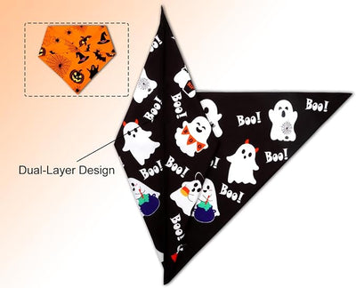 Halloween Dog Bandanas 2PCS Pumpkin Pet Scarf Medium Large Dogs | Halloween dog bandanas with pumpkin & ghost patterns. Perfect for holiday parties, photos & fall events. Reversible design.