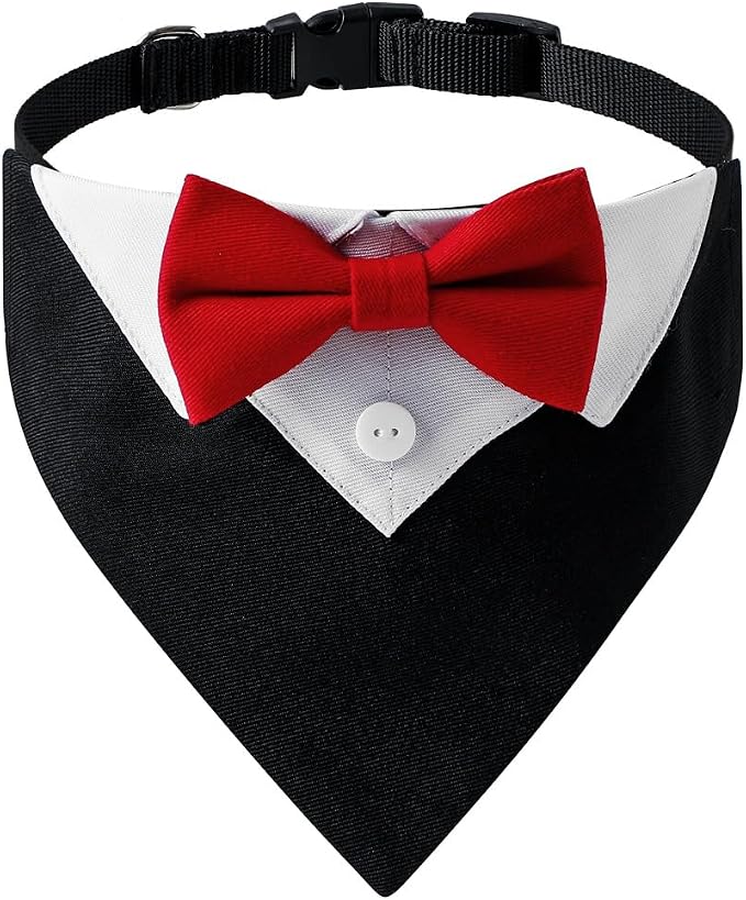 Tuxedo Dog Collar for Wedding Engagement and Birthday, Formal Dog Bandana Collar Costume with Bow Tie and Adjustable Buckle,Suitable for Small Medium Large Dog. (Red, S)