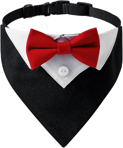 Tuxedo Dog Collar for Wedding Engagement and Birthday, Formal Dog Bandana Collar Costume with Bow Tie and Adjustable Buckle,Suitable for Small Medium Large Dog. (Red, S)