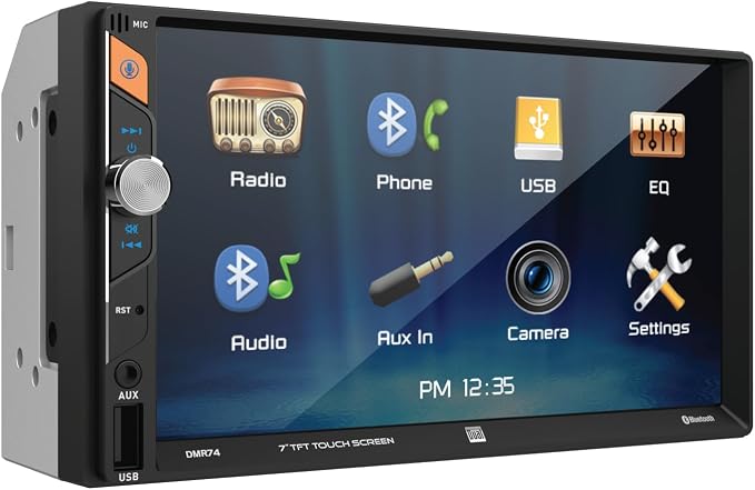 Dual Electronics DMR74 7-Inch Touchscreen Double DIN Car Stereo, Bluetooth | Backup camera input, hands-free Bluetooth calling, USB playback & charge, push to talk voice assistant, no CD or DVD