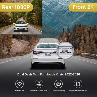 Fitcamx Front 2K+Rear 1080P Dash Cam Adapts for Honda Civic 2022-2026 (Grey Cover) Type R Si, Integrated OEM Look, Dual HD Video, Loop Recording, WiFi & APP, G-Sensor, Easy to Operate, 64GB Card