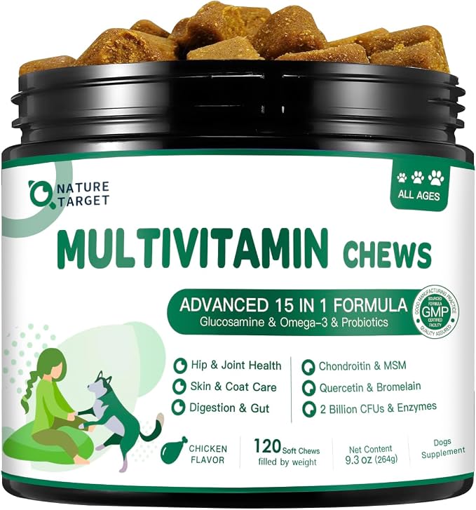 Multivitamin for Dogs - with MSM & Glucosamine, Omegas 3 & 6, Probiotics for Digestive Health, Joint Support, Skin & Coat, Immune System & Overall Health 120 Soft Chews