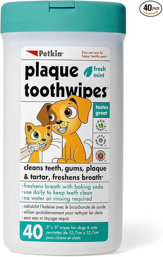 Cat and Dog Dental Wipes, 40 Wipes (Fresh Mint) - Natural Formula Cleans Teeth, Gums & Freshens Breath - for Daily Use - Convenient Dog Dental Care - 1 Pack of 40 Wipes