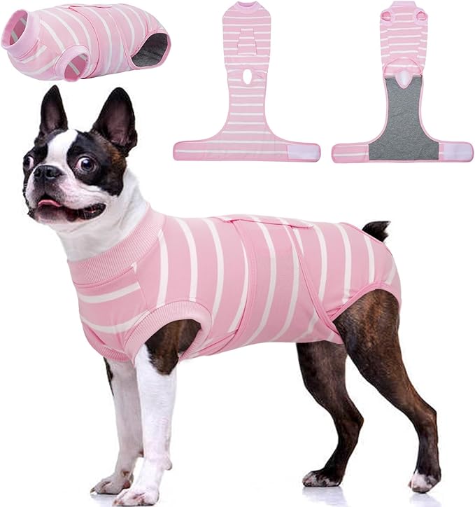 Dog Surgery Recovery Suit, Soft Breathable Dog Recovery Suit for Female Spay Male Nueuter, Anti Licking Puppy Onesie Pet Surgical Suit for Dogs Abdominal Wounds Skin Disease, Pink Strips L