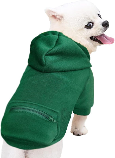 Jecikelon Dog Hoodies for Small Dogs with Zipper Pocket, Soft Fleece Puppy Clothes with Rope Hat, Warm Winter Outfits Cold Weather Coats, Cute Sweatshirt Chihuahua Costume (Green, Medium)